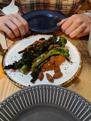 Barbecue purple sprouting broccoli, muhammara and smoked almonds at V or V in Sheffield