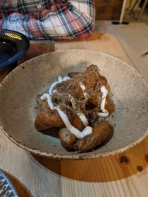 Crispy potatoes with white truffle aioli and shaved autumn black truffle at V or V in Sheffield