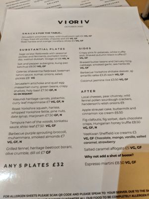Menu on the day we visited at V or V in Sheffield