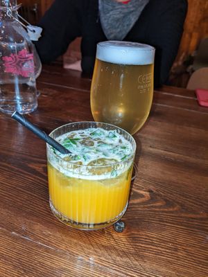 Vegan passion fruit mocktail & vegan lager at V or V in Sheffield