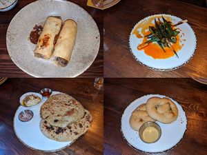 All vegan:
Top left - Haggis spring rolls
Top right - Barbecue Okra 
Bottom left - Flatbreads with sumac kohlrabi &hummus
Bottom right - Soft Pretzels with sweet mustard dip at V or V in Sheffield