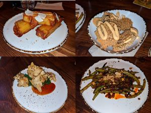 All vegan:
Top left - Confit potato
Top right - Crispy fried dill pickles
Bottom left - Tempura hen-of-the-wood
Bottom right - Dry fried Szechuan green beans  at V or V in Sheffield