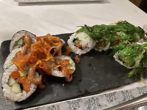 Sweet potato tempura roll and veggie roll. Sorry I tried it before remembering to take a photo but I already had 2 drinks in me after a long wait for appetizers that never arrived  at kō än in Cary