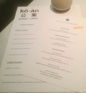 Vegan Menu and specials 12/31/18 at kō än in Cary