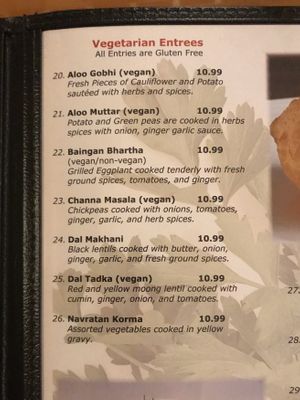 Clearly labeled vegan options  at Mantra Indian Cuisine & Spirits in Davenport