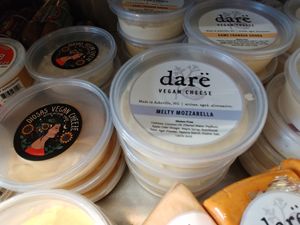 Refrigerator section: local vegan cheese at West Village Market and Deli in Asheville