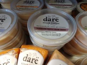 Refrigerator section: local vegan cheese at West Village Market and Deli in Asheville