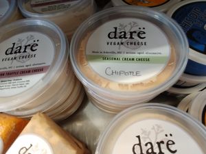 Refrigerator section: local vegan cheese at West Village Market and Deli in Asheville
