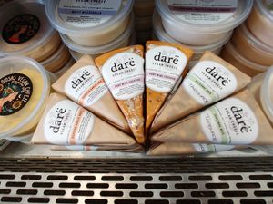 Refrigerator section: local vegan cheese at West Village Market and Deli in Asheville