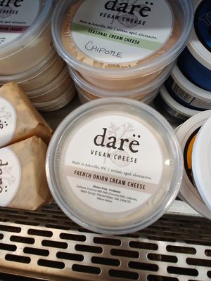 Refrigerator section: local vegan cheese at West Village Market and Deli in Asheville