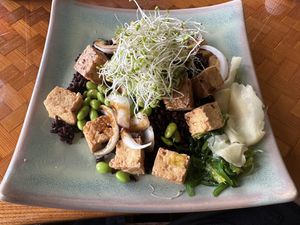 Tofu poke bowl with black rice, onion, edamame, sprouts, seaweed salad, ginger   at Kauai Poke Co in Koloa
