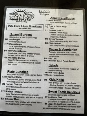 Lunch menu, clearly marked vegan and vegetarian options  at Kauai Poke Co in Koloa