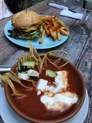 Vegan burger and vegan tortilla soup. Yum! at Paprika in San Miguel De Allende