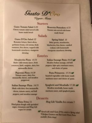 Vegan Menu at Gusto D'Oro Italian Cuisine in Yorba Linda