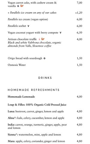 Menu at Les Filles Cafè in Barcelona