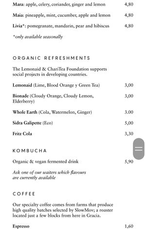 Menu at Les Filles Cafè in Barcelona