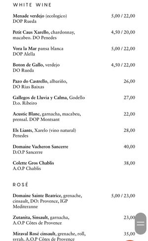 Menu at Les Filles Cafè in Barcelona