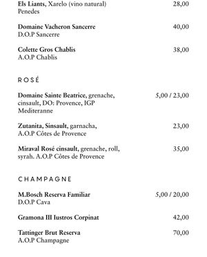 Menu at Les Filles Cafè in Barcelona