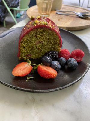 Matcha tea cake  at Les Filles Cafè in Barcelona