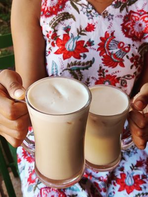 fresh sugarcane juice and coconut milk, blended and served cold if you ask for it with ice at Good Earth in Kuilapalayam