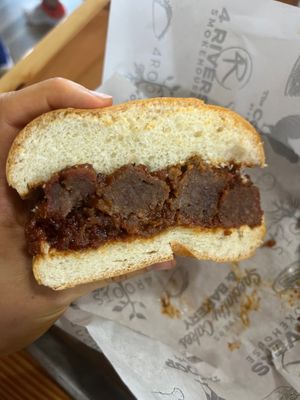 Half of vegan burnt end sandwich at 4 Rivers Smokehouse in Gainesville