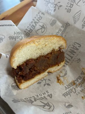 Half of vegan burnt end sandwich at 4 Rivers Smokehouse in Gainesville