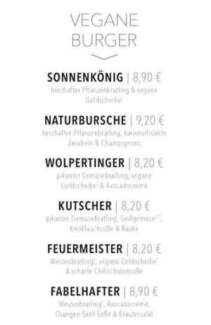 Currently 6 vegan burgers on the menu at Hans im Glück in Mannheim