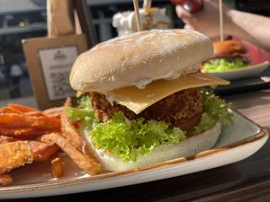 Close-up of vegan sweet potato burger  at Lenok's Burger - L15 in Mannheim