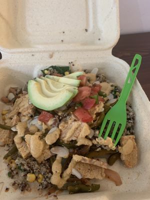Tempeh fajita bowl. Super delicious. Photo doesn’t do it justice! at Feel Good Smoothie Bar and Cafe in Oneonta