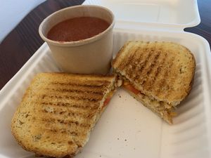 Grilled cashew cheese with tomato basil soup! Where are my ice skates…?  at Feel Good Smoothie Bar and Cafe in Oneonta