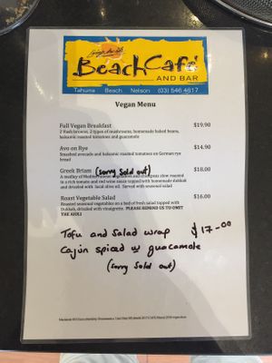 Vegan menu at Beach Cafe and Bar in Nelson