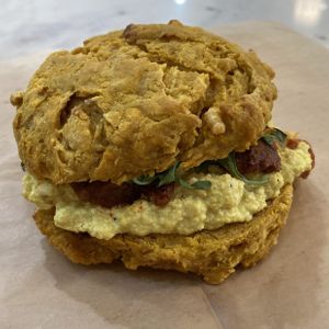 Biscuit tower on a pumpkin cheddar biscuit! at Breads On Oak - Carondelet St in New Orleans