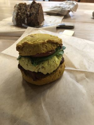 Pumpkin cheddar biscuit with (vegan) andouille sausage at Breads On Oak - Carondelet St in New Orleans