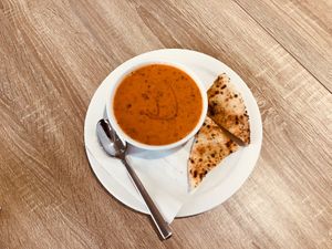Homemade Tomato Basil Soup served with Focaccia Bread at Captain's Oven Pizza in Surrey