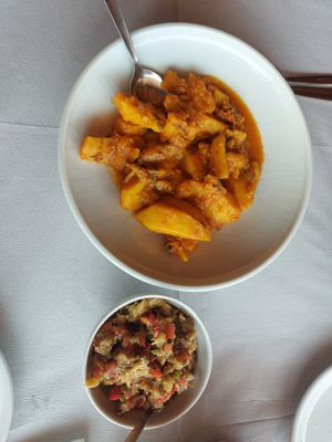 Potato stew and eggplant salad at Vakhos Taverna - Βάκχος Ταβέρνα in Delphi