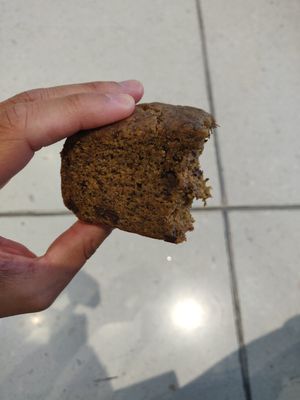 Banana bread after taking big bite at Bahji Bakery Rosales in Bogota