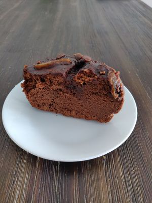 Slice of chocolate cake at Bahji Bakery Rosales in Bogota