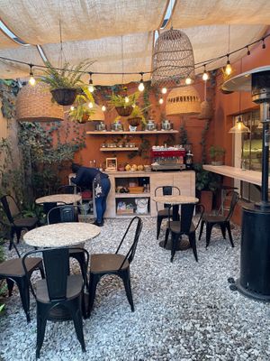 Cute patio seating at Bahji Bakery Rosales in Bogota