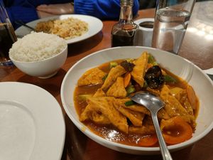 Tofu in spicy homemade sauce with boiled rice at M&L Chinese in Dublin