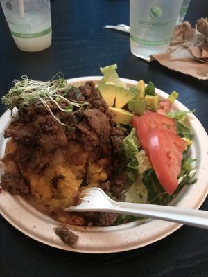 Bifongo with pepper steak. I love that they make their mofongo crispy on the outside. Best mofongo I’ve had   at Antojitos Veganos in Bayamon