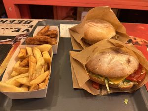 Vegan Burgers, onuon rings and fries  at Poco Loco in Chamonix-mont-blanc
