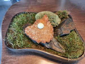 Fried mushroom served as a piece of art! at Bellies in Stavanger