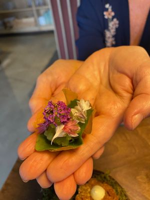 The crispy celery cup with micro-herbs, part of the panko-coated oyster mushroom dish at Bellies in Stavanger