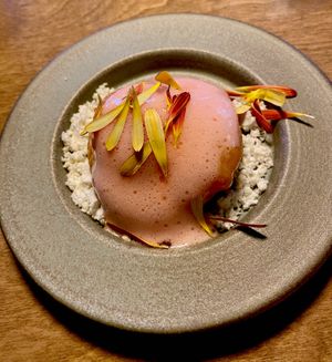 Poached plum with almond ice cream, rhubarb and rose foam at Bellies in Stavanger