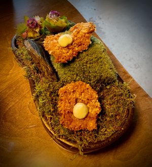 My favourite dish - panko-coated oyster mushroom with horseradish cream, and a crispy celery cup with micro-herbs at Bellies in Stavanger