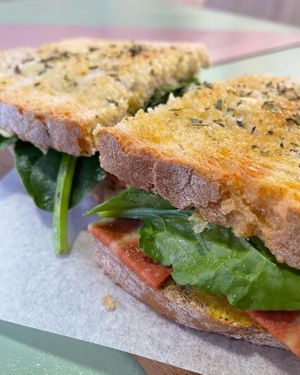  Bacon, tomato, spinach and mustard toast  at Moko Veggie Café - Alvalade in Lisbon