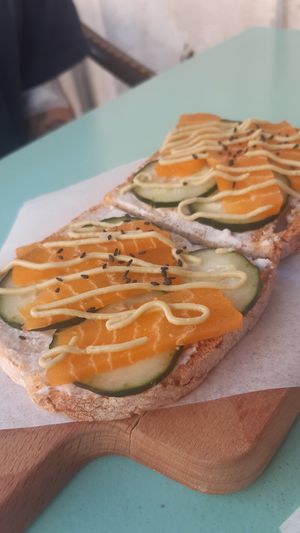 Salmon with wasabi toast 🧡💚 at Moko Veggie Café - Alvalade in Lisbon