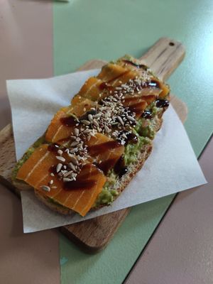 Salmon & guacamole toast. Looks much better than it tastes. at Moko Veggie Café - Alvalade in Lisbon