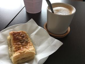 Cheese and back with a glass of almond milk and coffee at Moko Veggie Café - Alvalade in Lisbon
