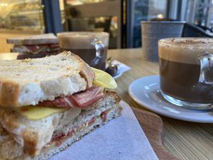 ‘Cheese’ and ‘bacon’ grilled sandwich at Moko Veggie Café - Alvalade in Lisbon